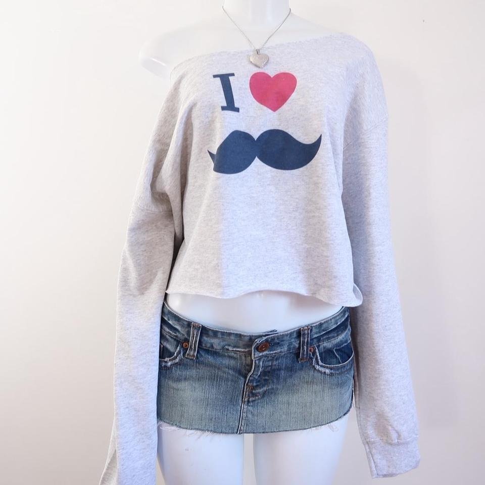 2010s I Heart Mustache Cropped Sweatshirt Off Shoulder Grey [L]